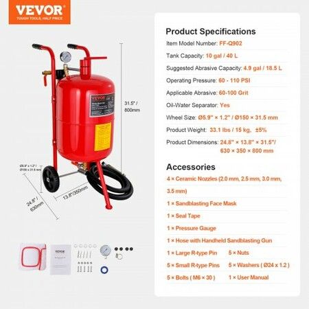 10Gal/40L Sandblaster Equipped w/Nozzle Shut-Off Valve Pressure Gauge Ceramic Nozzle Rubber Wheels Grit Power Sand Blasters Portable Sandblasting Equipment