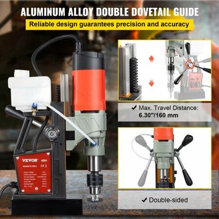 Magnetic Drill, 1200W 1.57" Boring Diameter, 2922lbf/13000N Portable Electric Mag Drill Press with Double Dovetail Rail, 580 RPM Variable Speed Drilling Machine for any Surface