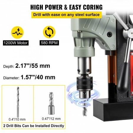 Magnetic Drill, 1200W 1.57" Boring Diameter, 2922lbf/13000N Portable Electric Mag Drill Press with Double Dovetail Rail, 580 RPM Variable Speed Drilling Machine for any Surface