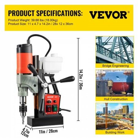 Magnetic Drill, 1200W 1.57" Boring Diameter, 2922lbf/13000N Portable Electric Mag Drill Press with Double Dovetail Rail, 580 RPM Variable Speed Drilling Machine for any Surface