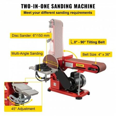 Belt Sander 4" x 36", Disc Combo Sander 6",Electric Adjustable Bench Belt Sander 375W,Grinder Bench Sanding Machine With 4 Rubber Foot Pad