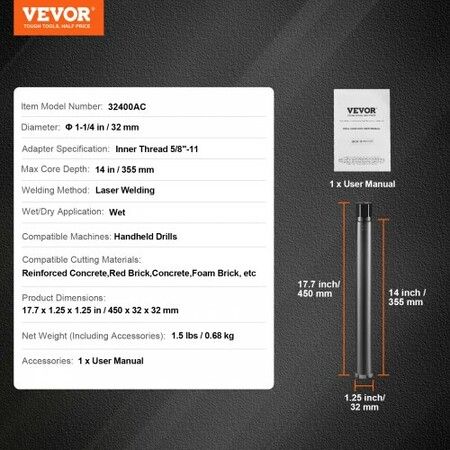 Core Drill Bit, 1-1/4" Wet Diamond Core Drill Bits, 14" Drilling Depth Concrete Core Drill Bit, 5/8"-11 Inner Thread, Laser Welding, Diamond Wet Coring Bit for Concrete Brick and Block