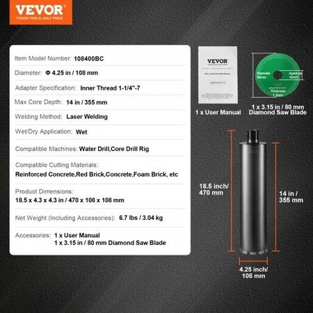 Core Drill Bit, 4.25" Wet Diamond Core Drill Bits, 14" Drilling Depth Concrete Core Drill Bit with Saw Blade, 1-1/4"-7 Inner Thread, Laser Welding, Diamond Wet Coring Bit for Concrete Brick