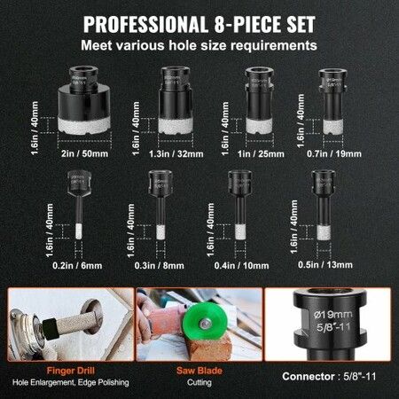 Diamond Core Drill Bit Set, 8 PCS 6/8/10/13/19/25/32/50mm Diamond Hole Saw Kit, with Finger Milling Bit Saw Blade and Storage Case for Dry and Wet, Diamond Drill Bits for Tile Ceramic