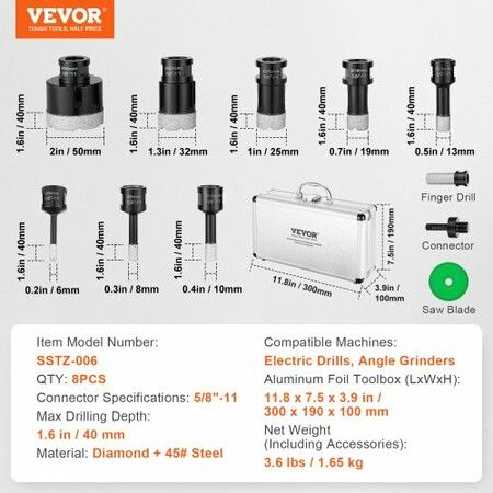 Diamond Core Drill Bit Set, 8 PCS 6/8/10/13/19/25/32/50mm Diamond Hole Saw Kit, with Finger Milling Bit Saw Blade and Storage Case for Dry and Wet, Diamond Drill Bits for Tile Ceramic