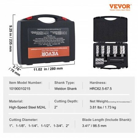 Annular Cutter Set, 6 pcs Weldon Shank Mag Drill Bits, 2" Cutting Depth, 1" to 2" Cutting Diameter, M2AL High-Speed Steel, with 2 Pilot Pins and Portable Case, for Using with Magnetic Drills