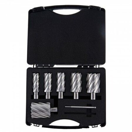 Annular Cutter Set, 6 pcs Weldon Shank Mag Drill Bits, 2" Cutting Depth, 1" to 2" Cutting Diameter, M2AL High-Speed Steel, with 2 Pilot Pins and Portable Case, for Using with Magnetic Drills