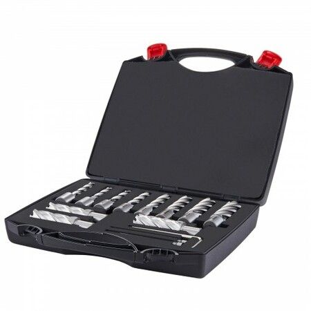 Annular Cutter Set, 13 pcs Weldon Shank Mag Drill Bits, 2" Cutting Depth, 7/16" to 1-1/16" Cutting Diameter, M2AL HSS, with 2 Pilot Pins, Hex Wrench and Portable Case, for Using with Magnetic Dr