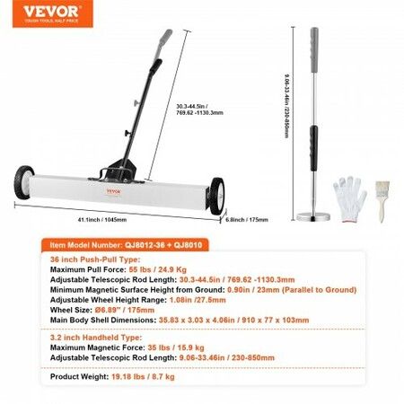 36-Inch Magnetic Sweeper with Wheels Telescoping Magnetic Pickup Tool