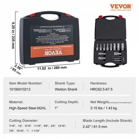 Annular Cutter Set, 13 pcs Weldon Shank Mag Drill Bits, 1" Cutting Depth, 7/16" to 1-1/16" Cutting Diameter, M2AL HSS, 2 Pilot Pins, Hex Wrench and Portable Case, for Using with Magnetic Drills