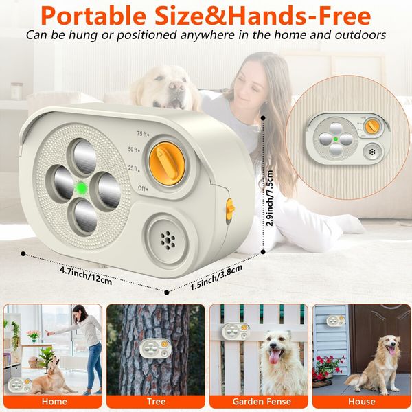 Anti Barking Device,Bark Box Rechargeable Dog Barking Deterrent with Dual Frequency/6 Modes/IP65 Waterproof Multi-Ultrasonic Heads,Up to 22m (White)