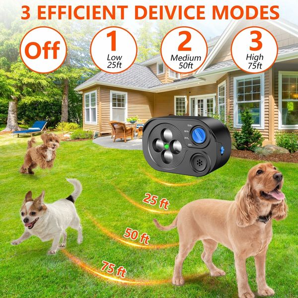 Anti Barking Device,Bark Box Rechargeable Dog Barking Deterrent with Dual Frequency/6 Modes/IP65 Waterproof Multi-Ultrasonic Heads,Up to 22m (Black)