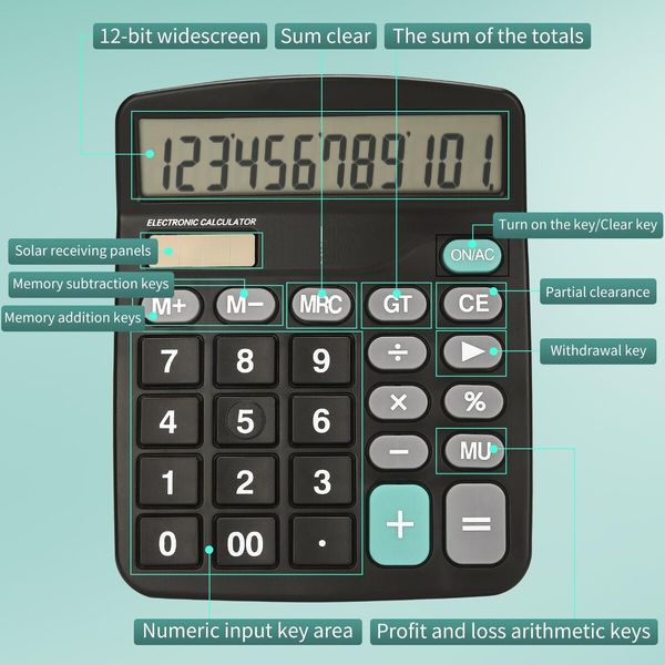 Desk Calculator 12 Digit Office Calculators with Large LCD Display,Dual Solar Power and Battery,Recessed Big Button Calculator for Office Home School