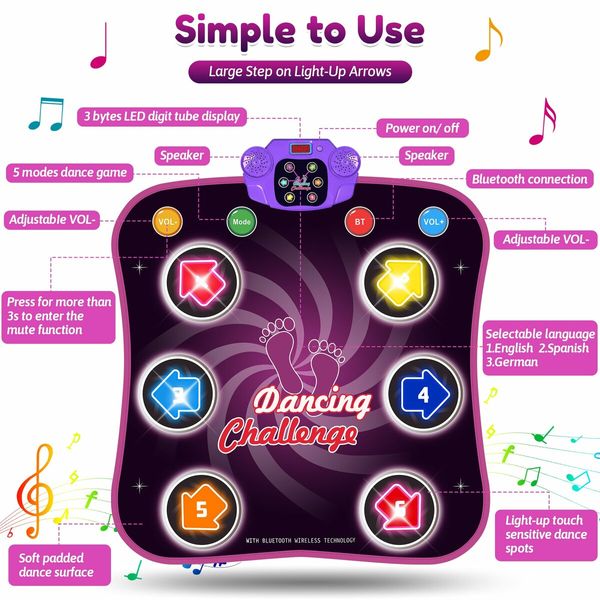 Dance Mat Toys with Bluetooth for Girls Electronic Dance Pad Light Up 6-Button 5 Game Modes Built in Music,Dance Game