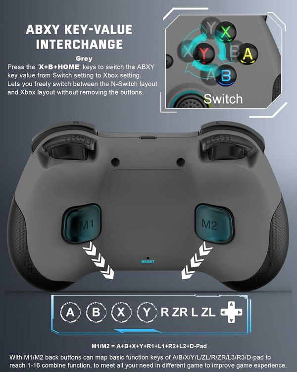 Controller Remote Joystick for iOS/Android, Wireless Switch Controller with Macro Buttons/Hall-Rocker/Hall-Trigger, Grey