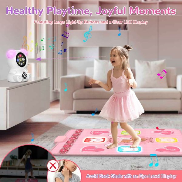 Rechargeable Dance Music Mat Light-Up Electronic Dance Pad with Wireless Bluetooth,5 Game Modes,Adjustable Volume LED Lights for Kids(Pink)