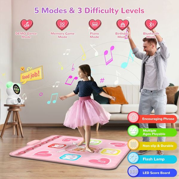 Rechargeable Dance Music Mat Light-Up Electronic Dance Pad with Wireless Bluetooth,5 Game Modes,Adjustable Volume LED Lights for Kids(Pink)