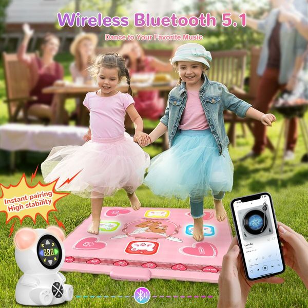 Rechargeable Dance Music Mat Light-Up Electronic Dance Pad with Wireless Bluetooth,5 Game Modes,Adjustable Volume LED Lights for Kids(Pink)