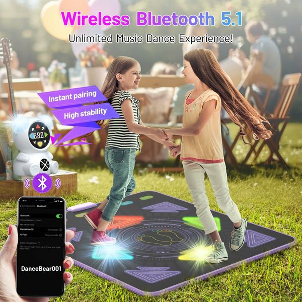 Rechargeable Dance Music Mat Light-Up Electronic Dance Pad with Wireless Bluetooth,5 Game Modes,Adjustable Volume LED Lights for Kids(Blue)