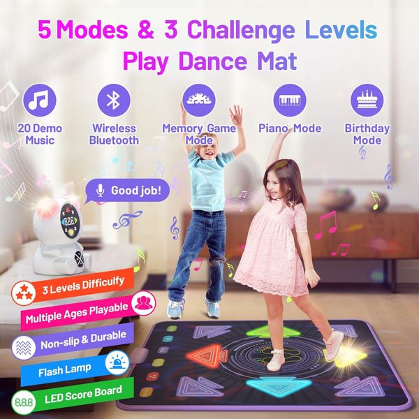 Rechargeable Dance Music Mat Light-Up Electronic Dance Pad with Wireless Bluetooth,5 Game Modes,Adjustable Volume LED Lights for Kids(Blue)