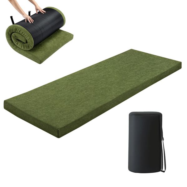 Single Foam Mattress Camping Floor Cushion Roll Up Sleeping Mat Portable Travel Thick Bed Couch Pad with Carrying Bag Green