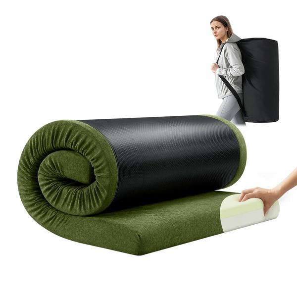 Single Foam Mattress Camping Floor Cushion Roll Up Sleeping Mat Portable Travel Thick Bed Couch Pad with Carrying Bag Green