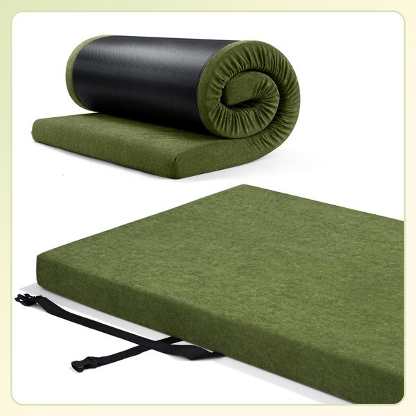 Single Foam Mattress Camping Floor Cushion Roll Up Sleeping Mat Portable Travel Thick Bed Couch Pad with Carrying Bag Green