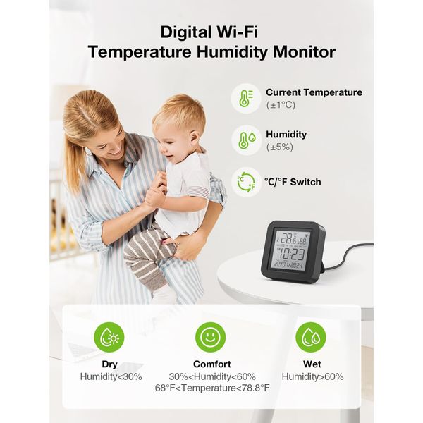 Smart WiFi Thermometer Hygrometer,Indoor Temperature Humidity Sensor Electronic Ink Display IR Contorl,App Notification Alert,Free Data Storage Export