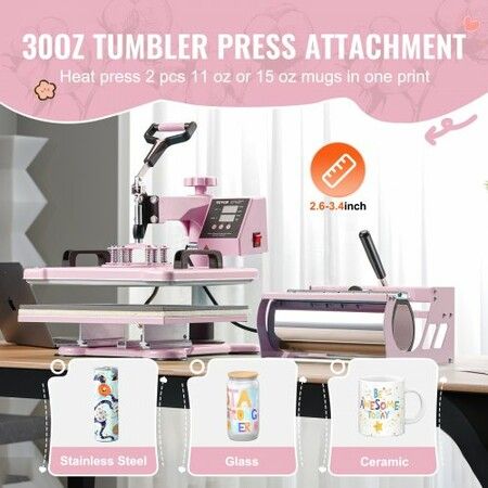 Heat Press Machine 12x15 in 8 in 1 with 30oz Tumbler Press T-Shirts Pink