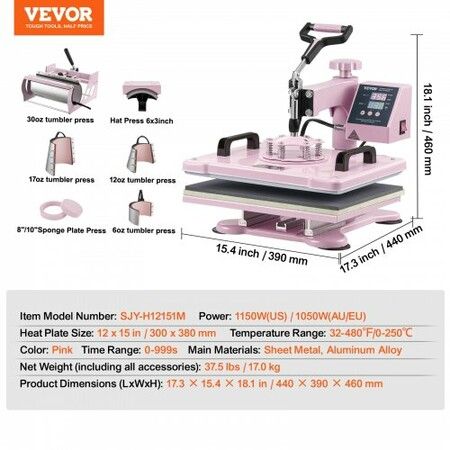 Heat Press Machine 12x15 in 8 in 1 with 30oz Tumbler Press T-Shirts Pink