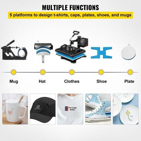 Heat Press 12 X 15 Inch 5 In 1 Heat Press 1250 W Heat Press Machine Swing Away Black Heat Press T-Shirt Sublimation Printer Transfer 360 Degree Rotation for DIY T-Shirts Hat and Shoes