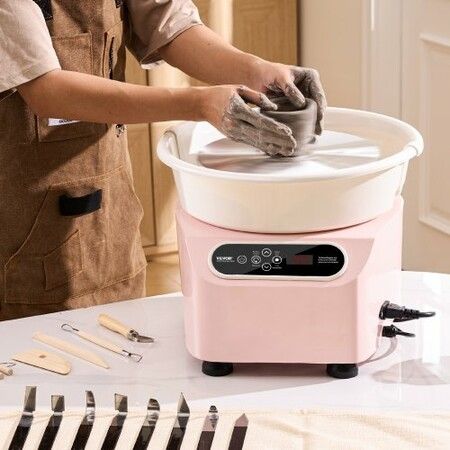 Pottery Wheel, 10 inch Pottery Forming Machine, 350W Electric Wheel for Pottery with Foot Pedal and LCD Touch Screen, Direct Drive Ceramic Wheel with Shaping Tools for DIY Art Craft, Pink