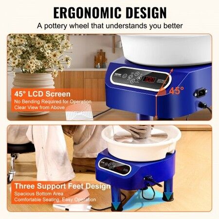 Pottery Wheel, 10 inch Pottery Forming Machine, 350W Electric Wheel for Pottery with Foot Pedal and LCD Touch Screen, Direct Drive Ceramic Wheel with 3 Support Legs for DIY Art Craft, Blue