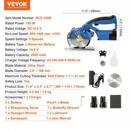 Fabric Cutter, 5-Speed Cordless Electric Rotary Fabric Cutting Machine, 1.1" Cutting Thickness, Octagonal Knife, with Replacement Blade and Battery Charger, for Multi-Layer Cloth Fabric Leather