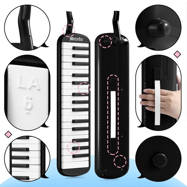 37 Keys Melodica Air Piano Keyboard Black Professional Musical Instrument for Kids Adults with Carrying Bag 2 Mouthpieces