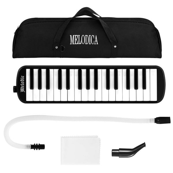 37 Keys Melodica Air Piano Keyboard Black Professional Musical Instrument for Kids Adults with Carrying Bag 2 Mouthpieces