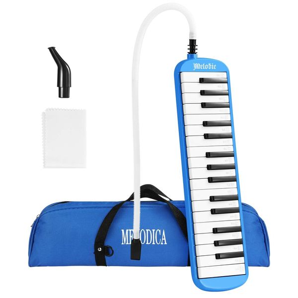 37 Keys Melodica Air Piano Keyboard Professional Blue Musical Instrument for All Ages with Carrying Bag 2 Mouthpieces