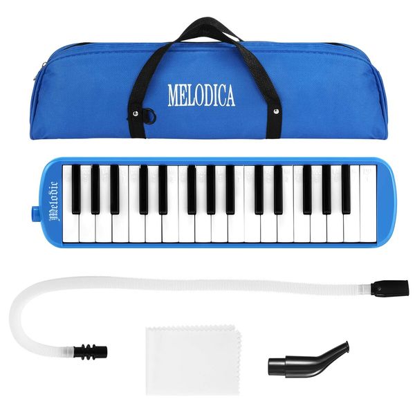 37 Keys Melodica Air Piano Keyboard Professional Blue Musical Instrument for All Ages with Carrying Bag 2 Mouthpieces