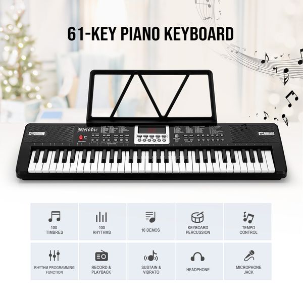 61 Key Electronic Keyboard Portable Standard Piano Music Instrument with Microphone Adjustable Stand Power Adapter Black