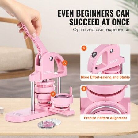 Button Maker, 1/1.25/2.28 inch(25/32/58mm) 3-IN-1 Pin Maker, 300pcs Button Parts, Button Maker Machine with Panda Magic Book, Ergonomic Arc Handle Punch Press Kit, For Children DIY Gifts, Pink