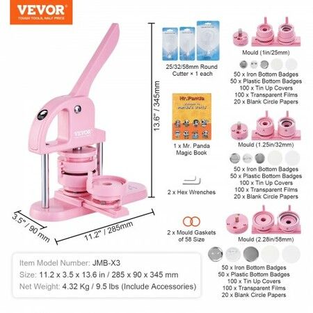 Button Maker, 1/1.25/2.28 inch(25/32/58mm) 3-IN-1 Pin Maker, 300pcs Button Parts, Button Maker Machine with Panda Magic Book, Ergonomic Arc Handle Punch Press Kit, For Children DIY Gifts, Pink