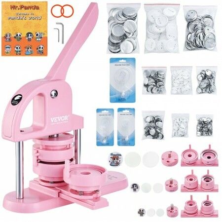 Button Maker, 1/1.25/2.28 inch(25/32/58mm) 3-IN-1 Pin Maker, 300pcs Button Parts, Button Maker Machine with Panda Magic Book, Ergonomic Arc Handle Punch Press Kit, For Children DIY Gifts, Pink