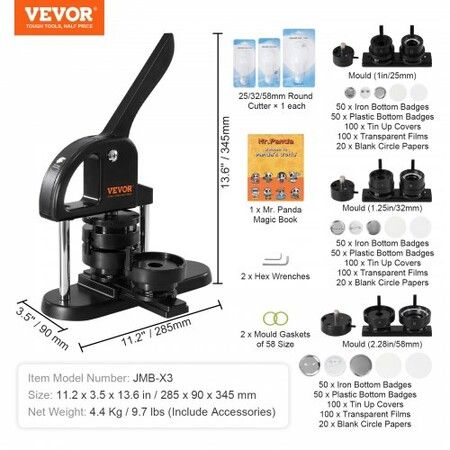 Button Maker Machine, 1/1.25/2.28 inch(25/32/58mm) 3-in-1 Pin Maker, Installation-Free Badge Punch Press Kit, Button Making Supplies with 300pcs Button Parts, Circle Cutter, Magic Book