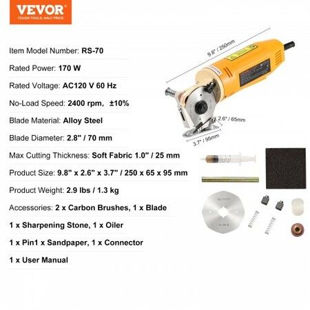 Fabric Cutter, 170W Electric Rotary Fabric Cutting Machine, 1" Cutting Thickness, Octagonal Knife, with Replacement Blade and Sharpening Stones, for Multi-Layer Cloth Fabric Leather