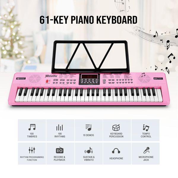 61 Key Electronic Keyboard Pink Standard Portable Piano Music Instrument with Adjustable Stand Microphone Power Adapter