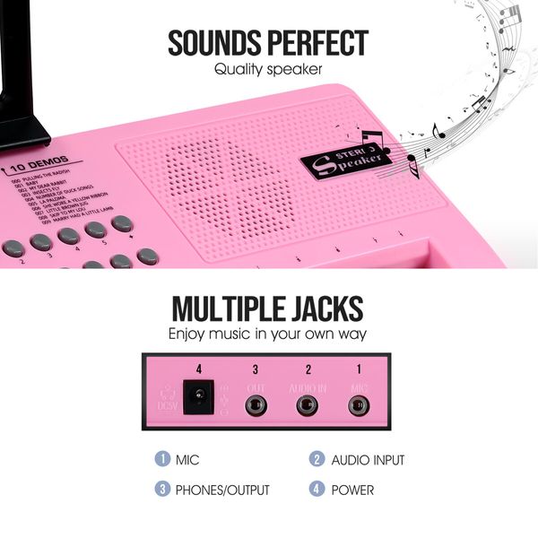 61 Key Electronic Keyboard Pink Standard Portable Piano Music Instrument with Adjustable Stand Microphone Power Adapter