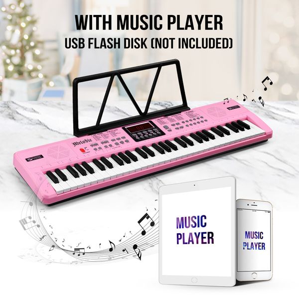 61 Key Electronic Keyboard Pink Standard Portable Piano Music Instrument with Adjustable Stand Microphone Power Adapter