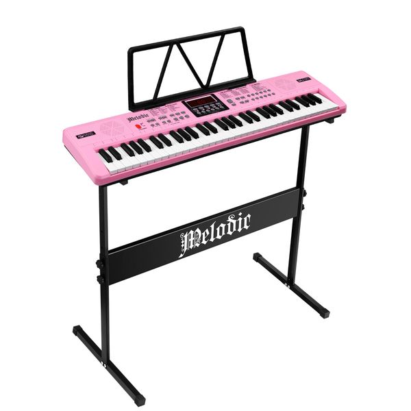 61 Key Electronic Keyboard Pink Standard Portable Piano Music Instrument with Adjustable Stand Microphone Power Adapter