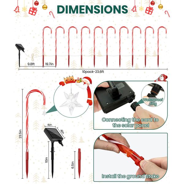 Large Panel 80 RED LED Solar Candy Cane Pathway Lights,Solar Christmas Lights Outdoor Decorations Waterproof IP65,8 Modes Candy Cane Lights (10 Pack)