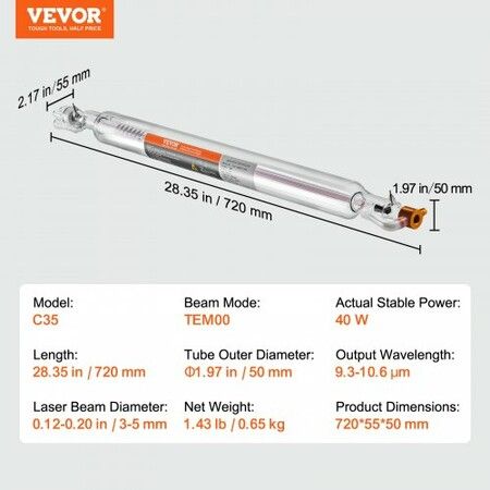 Laser Tube, 40W CO2 Laser Tube for Laser Engraver and Cutter Machine, 720 mm Length, 50 mm Diameter, Glass Laser Cutting Tube with TEM00 Beam Mode, for Wood Acrylic Fabric Leather Bamboo